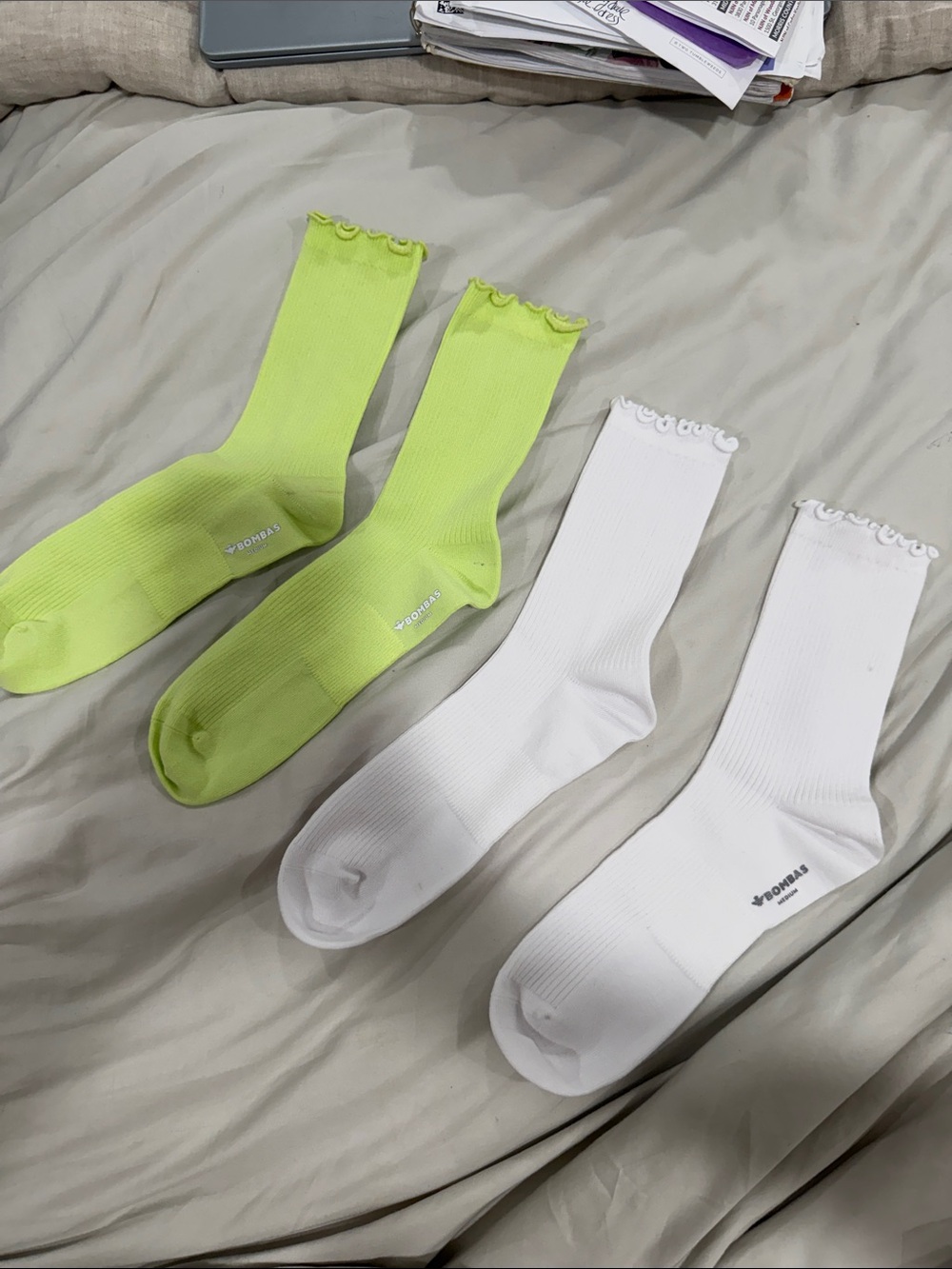 Bombas Ribbed Crew Socks in Neon Green and White - Pack of 2
